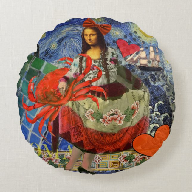Mona Lisa Starry Night Collage: Whimsical Surreal  Round Cushion (Front)