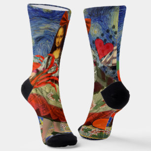 Mona Lisa Starry Night Collage: Whimsical Surreal  Socks