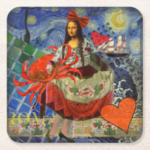 Mona Lisa Starry Night Collage: Whimsical Surreal  Square Paper Coaster