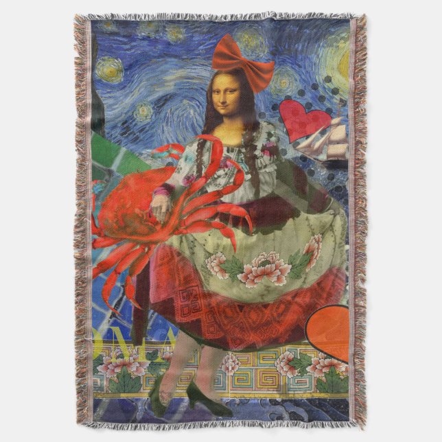 Mona Lisa Starry Night Collage: Whimsical Surreal  Throw Blanket (Front Vertical)