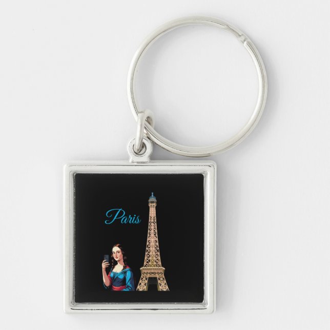 MONA LISA TAKING A SELFIE SURREAL RETRO KEY RING (Front)