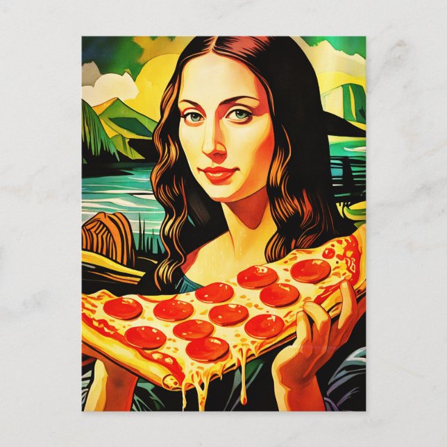 Mona Lisa  with  a large  slice of pizza Postcard (Front)
