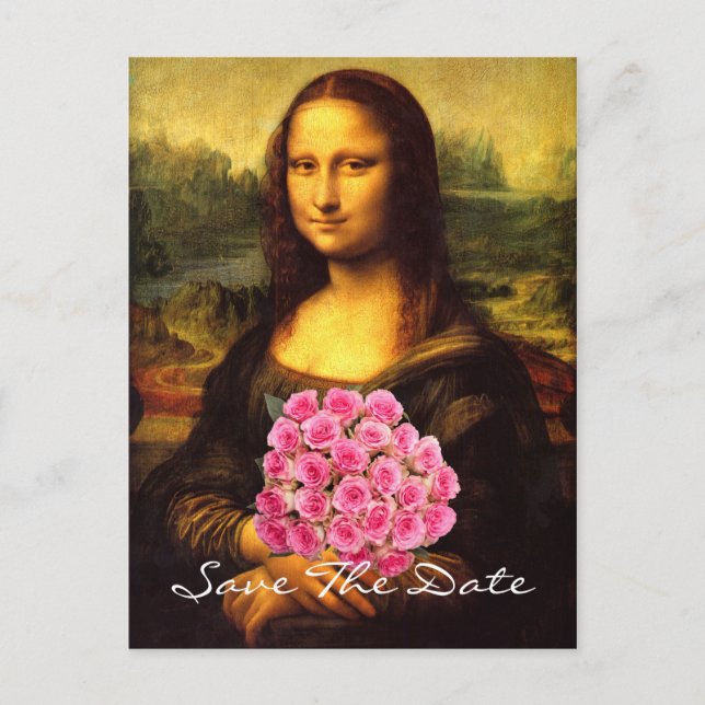Mona Lisa With Bouquet Of Pink Roses Announcement Postcard (Front)