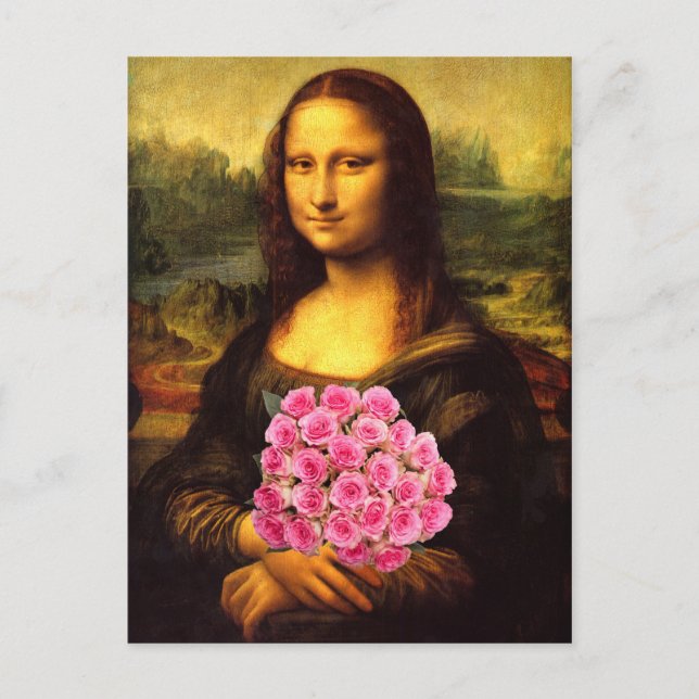 Mona Lisa With Bouquet Of Pink Roses Postcard (Front)