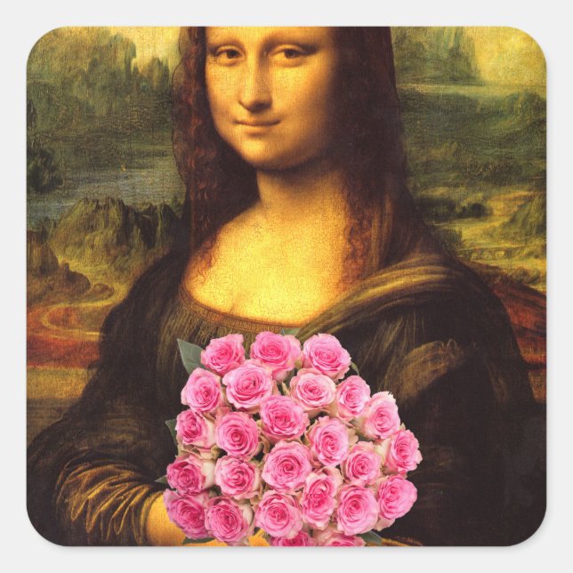 Mona Lisa With Bouquet Of Pink Roses Square Sticker (Front)