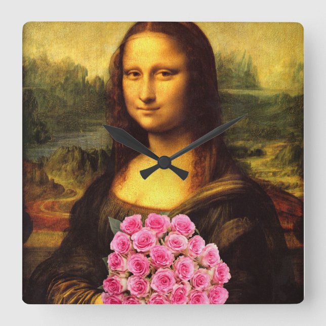 Mona Lisa With Bouquet Of Pink Roses Square Wall Clock (Front)