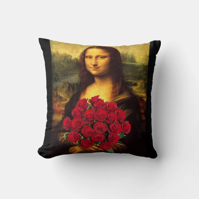 Mona Lisa With Bouquet Of Red Roses Cushion (Front)