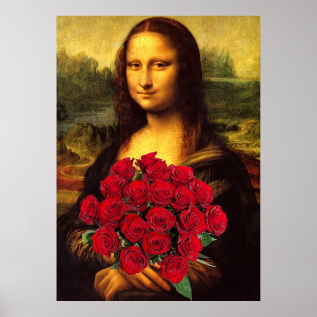 Mona Lisa With Bouquet Of Red Roses Poster (Front)