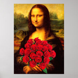 Mona Lisa With Bouquet Of Red Roses Poster