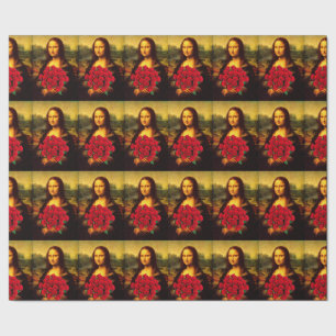 Mona Lisa With Bouquet Of Red Roses Wrapping Paper