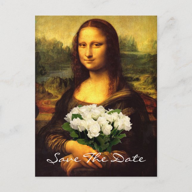 Mona Lisa With Bouquet Of White Roses Announcement Postcard (Front)