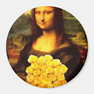 Mona Lisa With Bouquet Of Yellow Roses Magnet