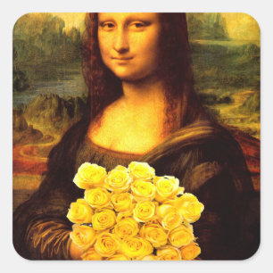 Mona Lisa With Bouquet Of Yellow Roses Square Sticker