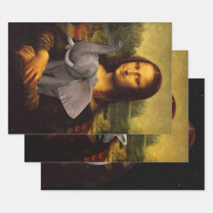Mona Lisa With Elephant Giraffe Full Moon Wrapping Paper Sheet