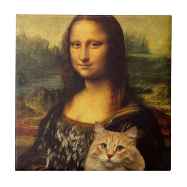 Mona Lisa with her pet, Cat fur Cat pet lovers Ceramic Tile (Front)
