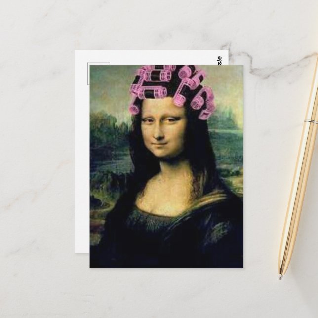 Mona Lisa with pink hair rollers Leonardo da Vinci Postcard (Front/Back In Situ)