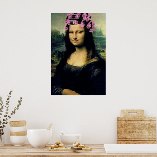Mona Lisa with pink hair rollers Leonardo da Vinci Poster (Kitchen)