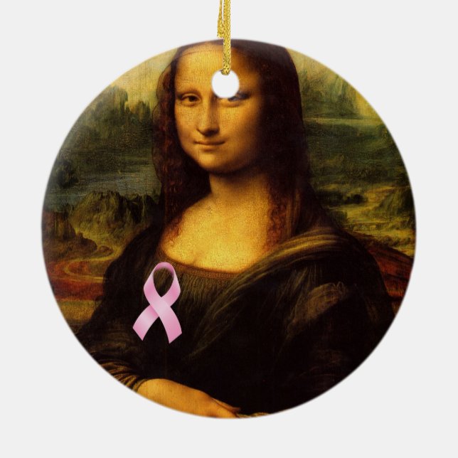 Mona Lisa With Pink Ribbon Ceramic Tree Decoration (Back)