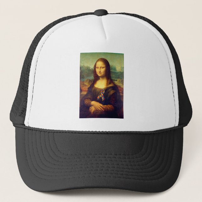 Mona Lisa With Puzzle Ribbon Trucker Hat (Front)