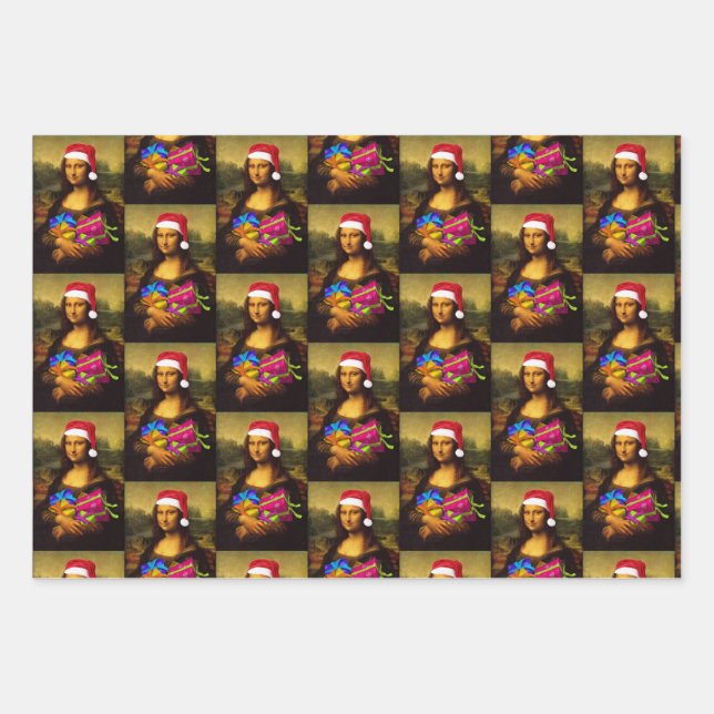 Mona Lisa With Santa Claus Cap Wrapping Paper Sheet (Front)