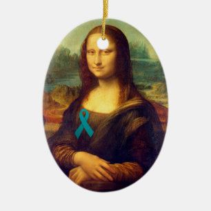 Mona Lisa With Teal Ribbon Ceramic Ornament
