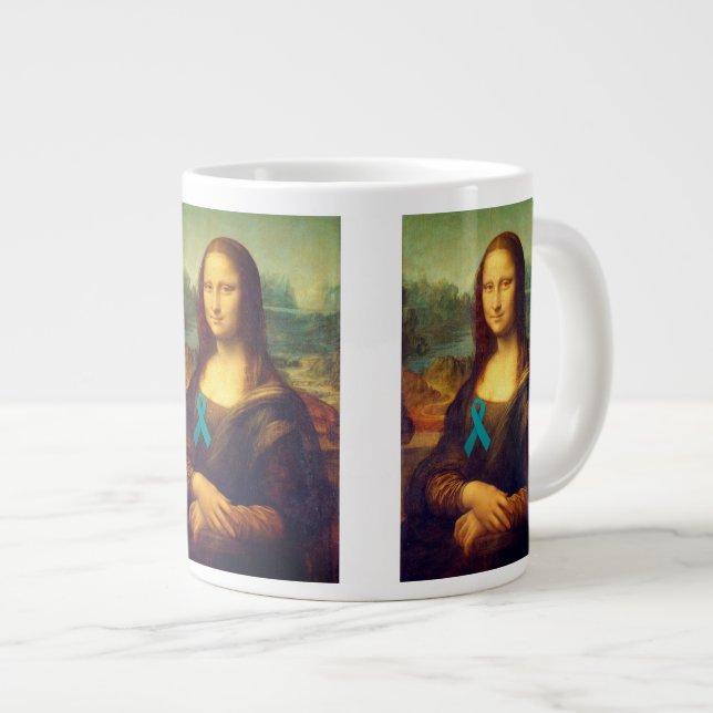 Mona Lisa With Teal Ribbon Large Coffee Mug (Front Right)