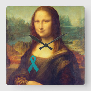 Mona Lisa With Teal Ribbon Square Wall Clock
