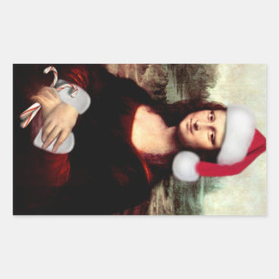 Mona Lisa's Christmas Santa Hat Rectangular Sticker