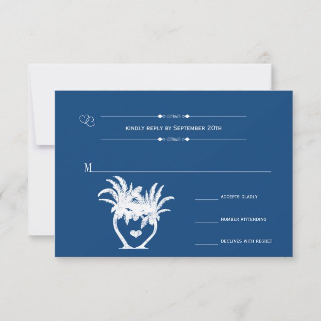 Monaco Blue Beach Palm Tree Destination Chalkboard RSVP Card (Front)