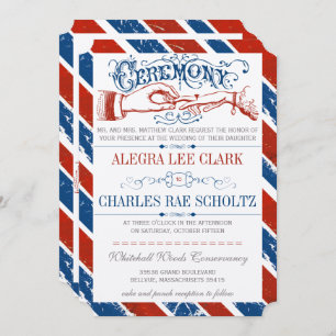 Monaco Blue Red Retro Vintage Typography Invite
