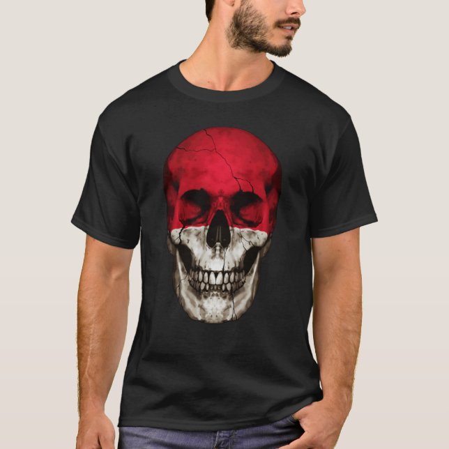 Monaco Flag Skull Monacan Roots Proud Patriotic T-Shirt (Front)