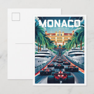 Monaco Grand Prix Art Vintage Travel Illustration Postcard