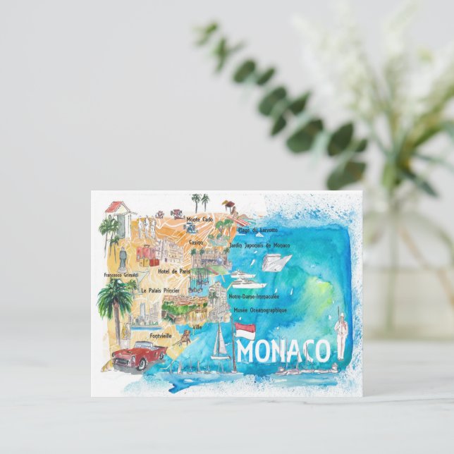 Monaco Monte Carlo Illustrated Map with Landmarks  Postcard (Standing Front)