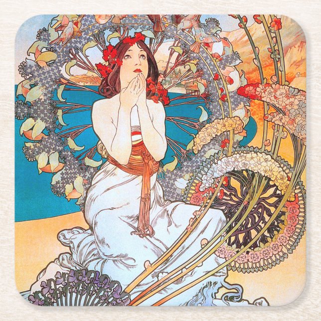 Monaco, Monte-Carlo, Mucha Square Paper Coaster (Front)