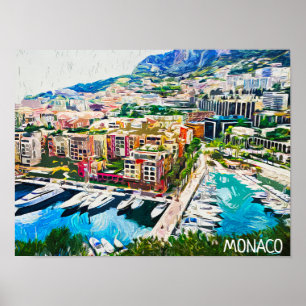 Monaco Oil Paint Marina Yacht Port  Poster