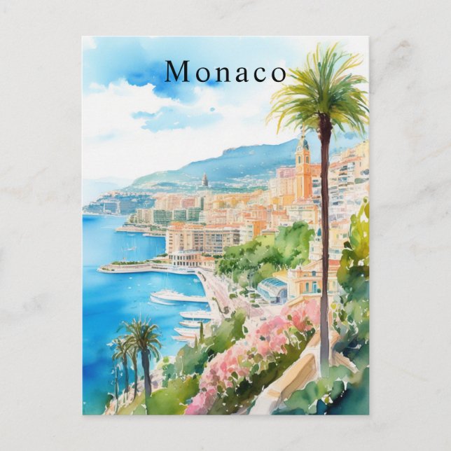Monaco Watercolor Retro Travel Mediterranean Postcard (Front)