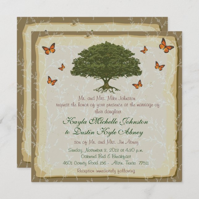 Monarch and Oak Tree Rustic Wedding Invitations (Front/Back)