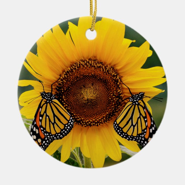 Monarch Butterfies on Sunflower Ceramic Tree Decoration (Front)