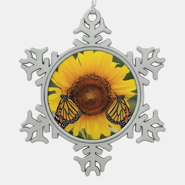 Monarch Butterfies on Sunflower Snowflake Pewter Christmas Ornament (Front)