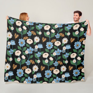 Monarch Butterflies & Blue & White Flowers Fleece Blanket