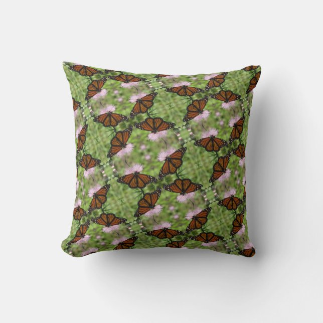 Monarch Butterflies on Pink Thistle Pillow (Front)