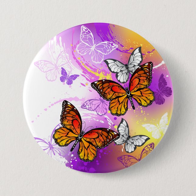 Monarch Butterflies on Purple Background 7.5 Cm Round Badge (Front)