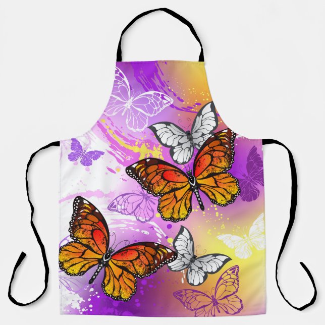 Monarch Butterflies on Purple Background Apron (Front)
