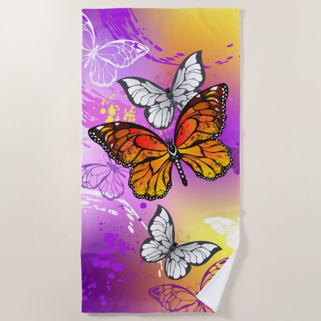 Monarch Butterflies on Purple Background Beach Towel (Front)