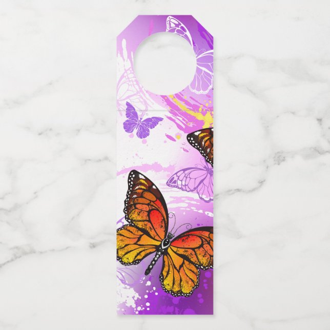 Monarch Butterflies on Purple Background Bottle Tag (Front)