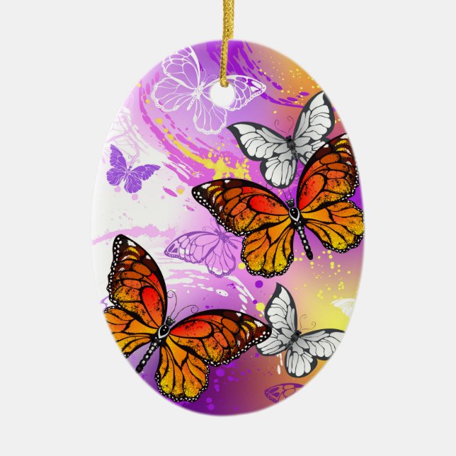 Monarch Butterflies on Purple Background Ceramic Ornament (Front)