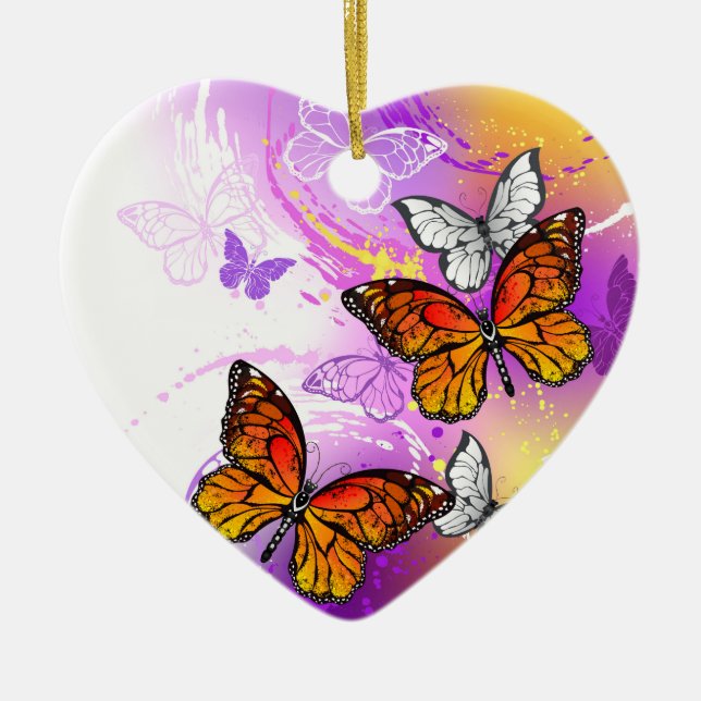 Monarch Butterflies on Purple Background Ceramic Ornament (Front)