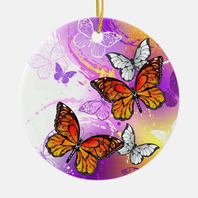 Monarch Butterflies on Purple Background Ceramic Ornament (Front)