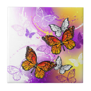 Monarch Butterflies on Purple Background Ceramic Tile
