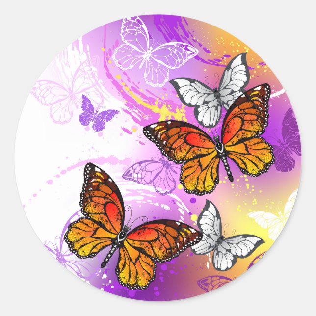 Monarch Butterflies on Purple Background Classic Round Sticker (Front)